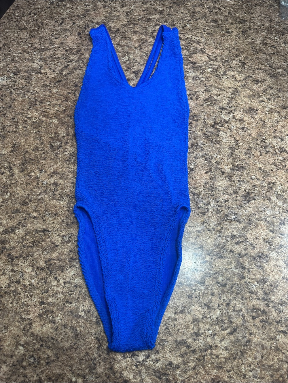 WORN ONCE Cobalt Blue Crinkle OSFM  3 Strap Cross Back One-Piece Swimsuit